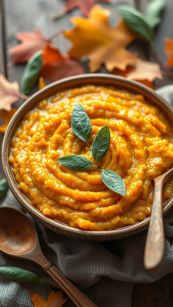 Savory Pumpkin Risotto Recipe A bowl of creamy pumpkin risotto garnished with sage leaves, set against an autumn-themed background.
